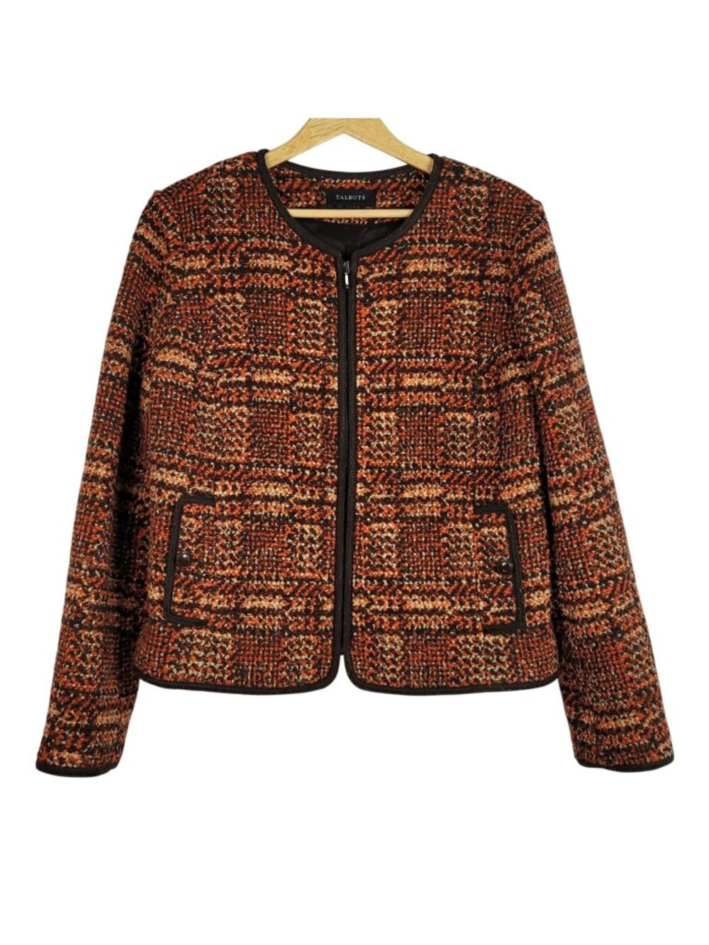 Talbots Wool Blend Tweed Bloucle Jacket Brown SZ 14 Zip Lined Pockets Career